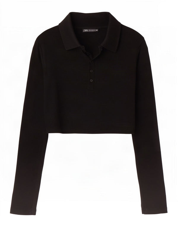 Zara Damen Crop Langarm-Poloshirt UK 12 Medium Schwarz