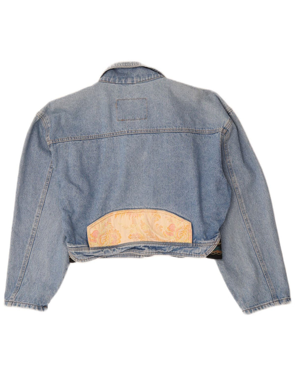 Vintage mujer crop open denim chaqueta IT 46 grande azul paisley algodón