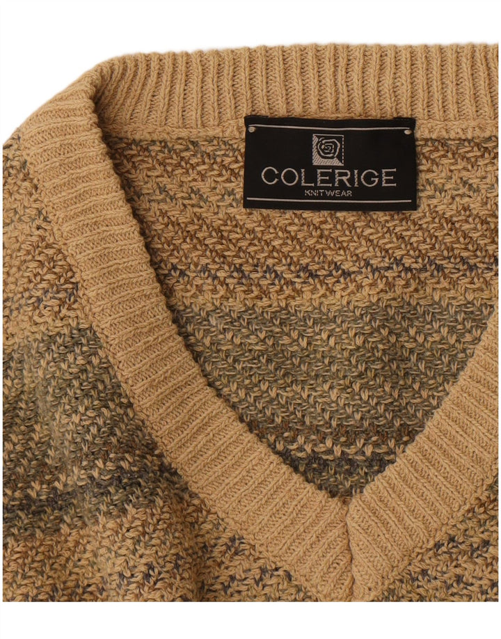 Vintage Mens V-Neck Jumper Sweater Medium Beige Striped