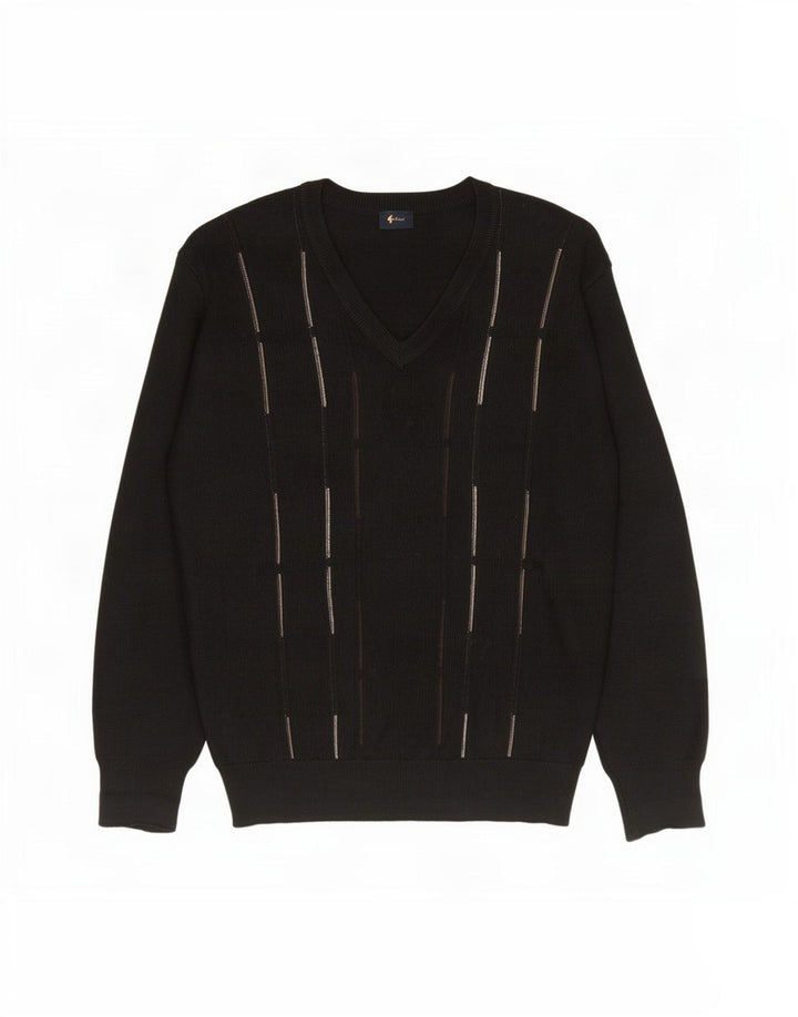 Gabicci Mens V-Neck Jumper Sweater Large Black Striped Wool