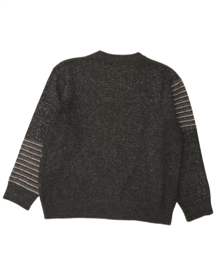 Vintage herre rund hals sweater mellemgrå geometrisk akryl