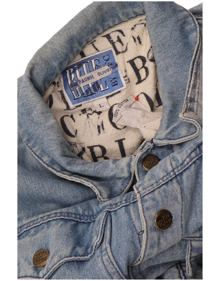 Vintage drenge grafisk denimjakke 11-12 år stor blå bomuld