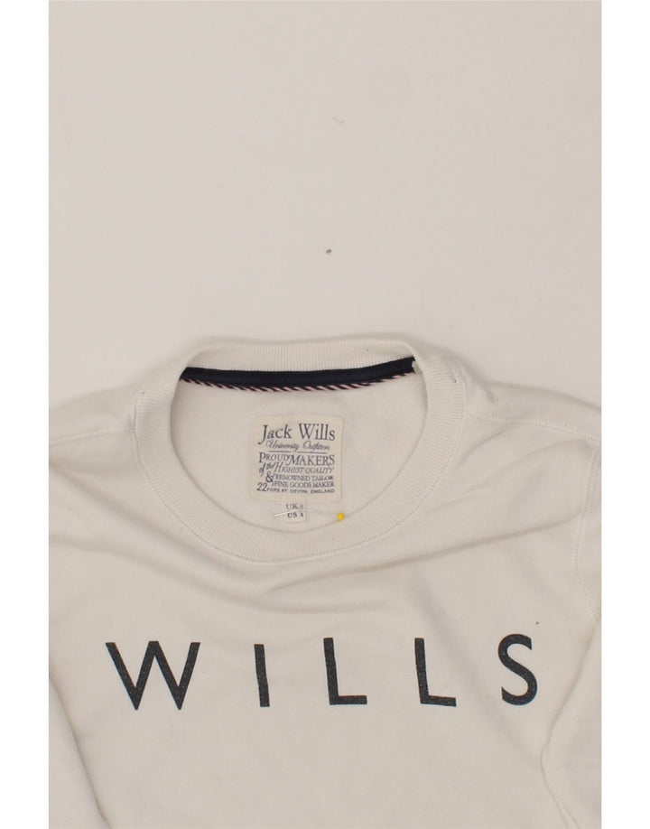 JACK WILLS Womens Graphic Sweatshirt Jumper UK 8 Small White Vintage Jack Wills and Second-Hand Jack Wills from Messina Hembry 