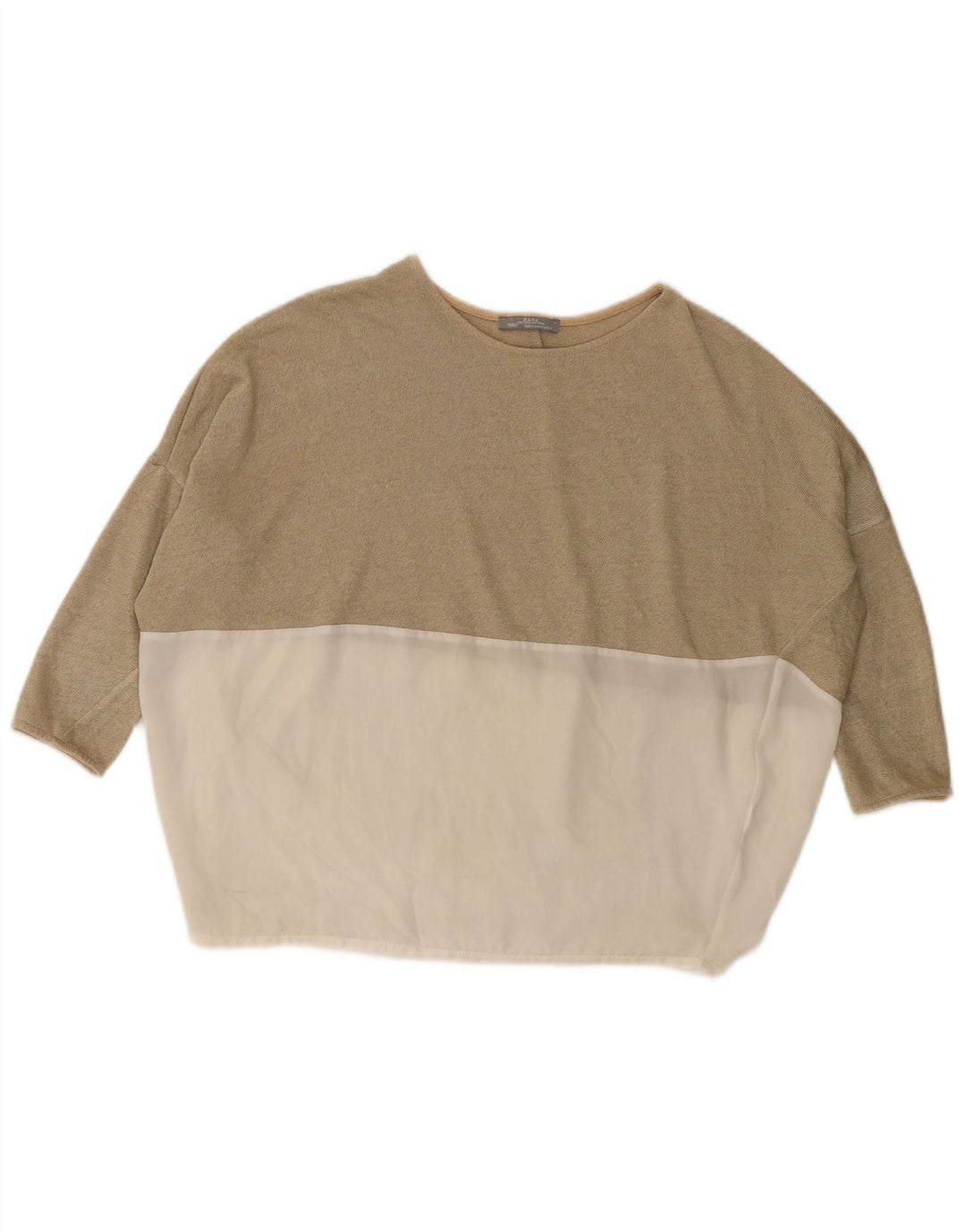 Zara Womens Oversized Top 3/4 Sleeve UK 10 Small Beige Colourblock