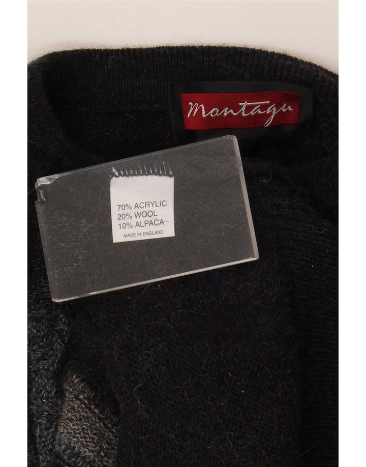 Vintage Mens Crew Neck Jumper Sweater Medium Navy Blue Colourblock Acrylic