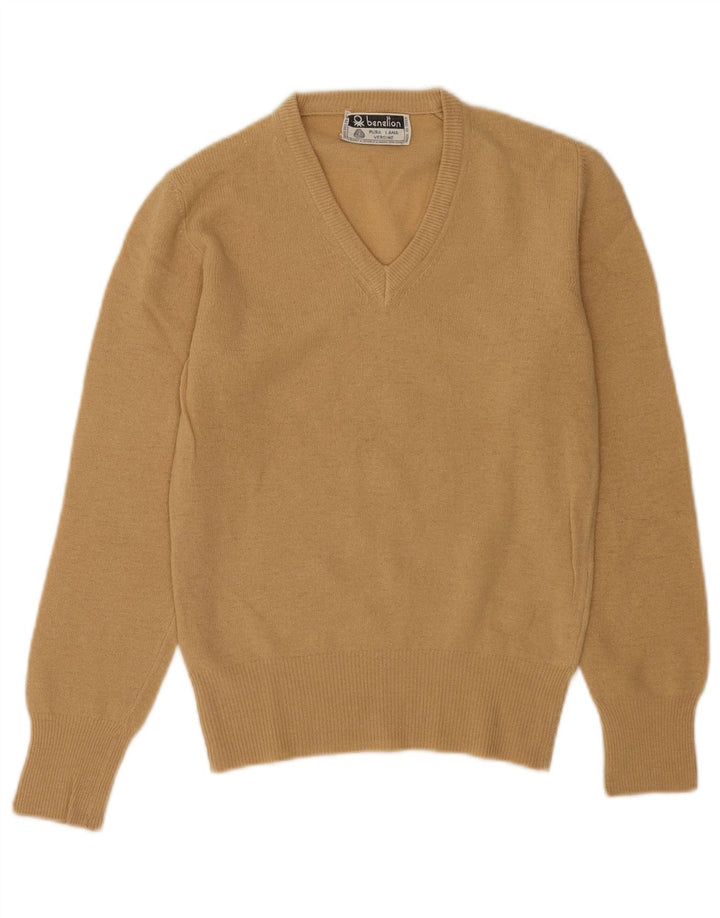Benetton Womens V-Neck Jumper Sweater UK 10 Small Beige Wool