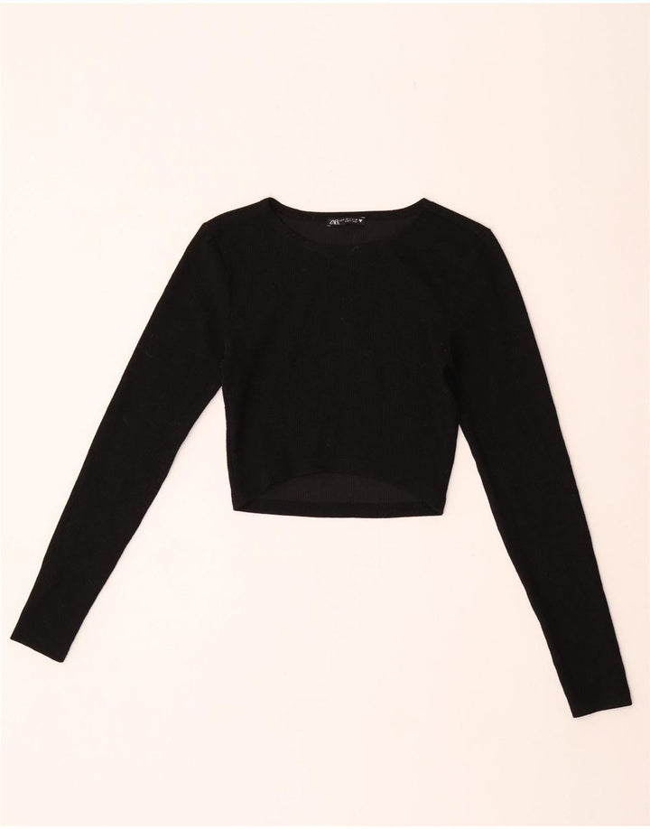 Zara Womens Crop Top Langærmet UK 12 Medium Sort Polyester