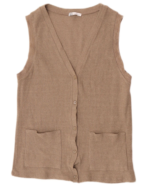 Zara Womens Sleeveless Cardigan Sweater UK 10 Small Beige Acrylic