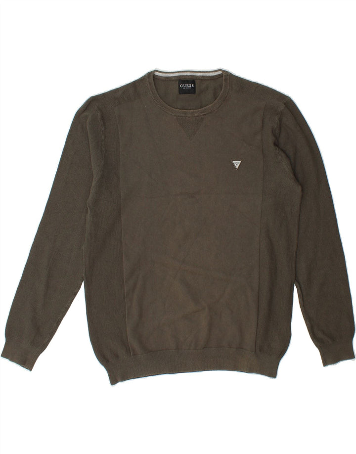GUESS Mens Crew Neck Jumper Sweater Medium Khaki Cotton Vintage Guess and Second-Hand Guess from Messina Hembry 