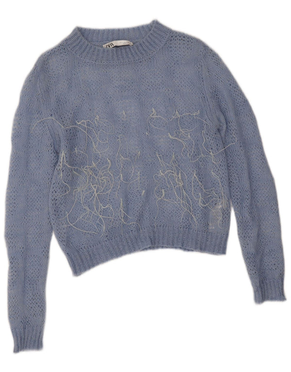 Zara Γυναικείο πουλόβερ See Through Crop Crew Neck Jumper UK 10 Small Blue