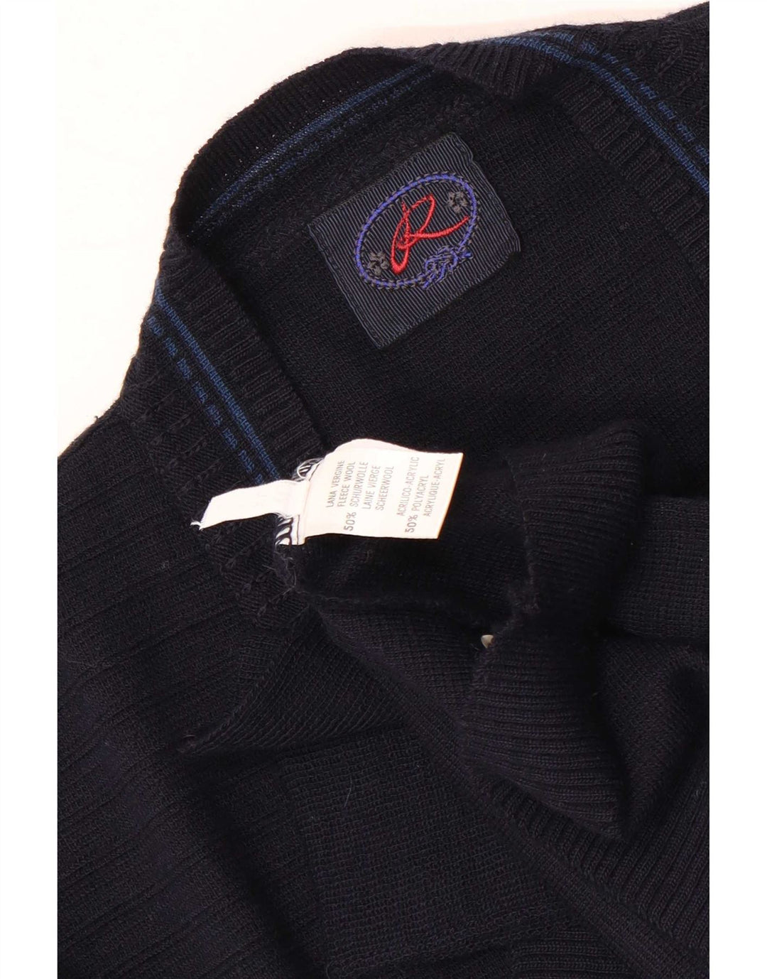 Vintage Mens Graphic Cardigan Sweater XL Navy Blue Wool