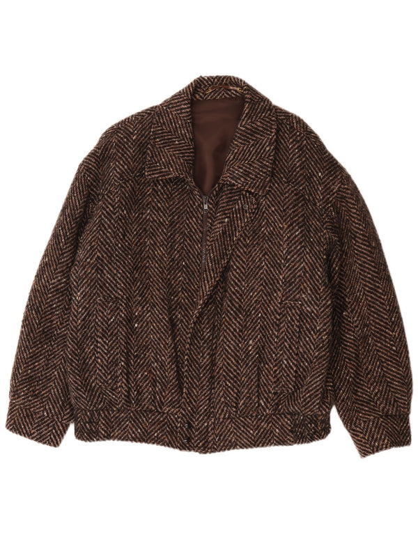 Vintage Mens Bomber Windbreaker Jacket UK 42 XL Brown Herringbone Wool