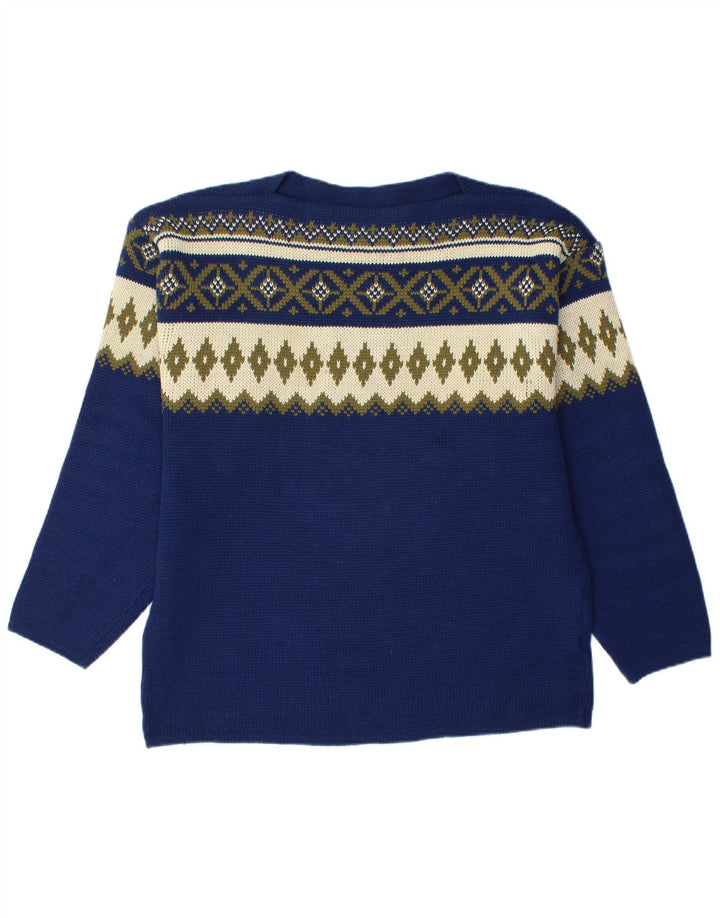 VINTAGE Mens Boat Neck Jumper Sweater Medium Navy Blue Fair Isle