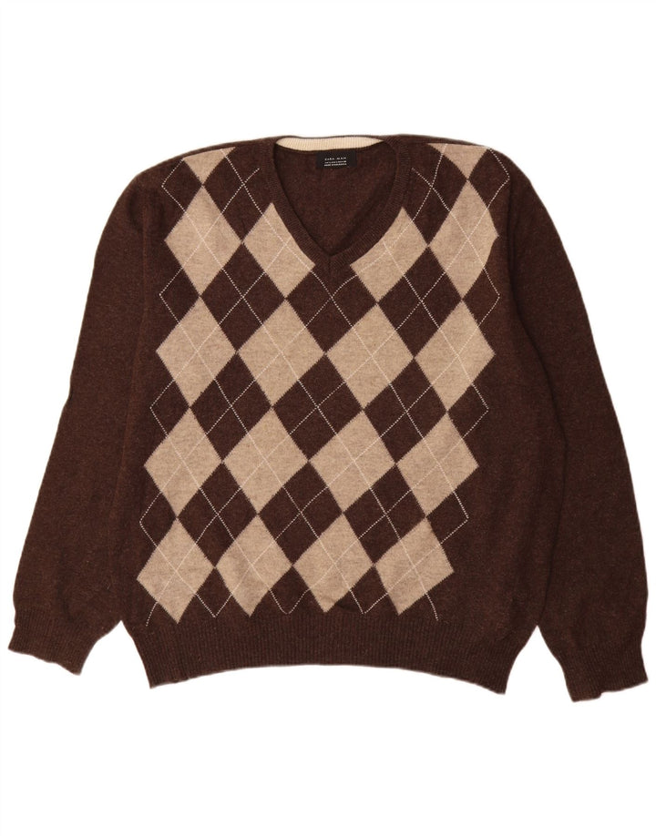 Zara Mens V-Neck Jumper Sweater Large Brown Argyle/Diamond Wool