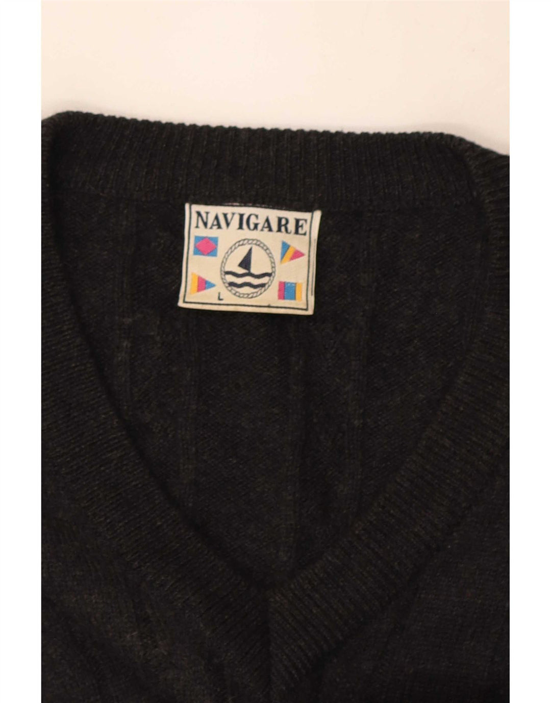 Navigare Mens V-Neck Jumper Sweater Large Grey Wool