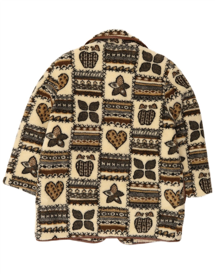Vintage damski polarowy płaszcz z grafiką UK 14, duży beżowy patchwork