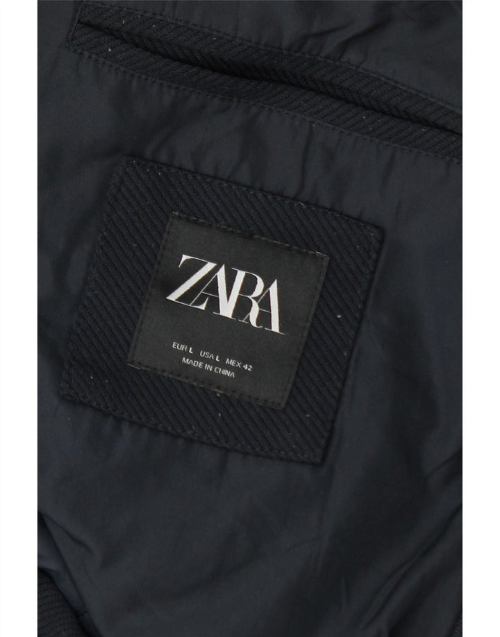 Zara Mens Hooded Padded Coat UK 40 Large Navy Blue Polyester Winter