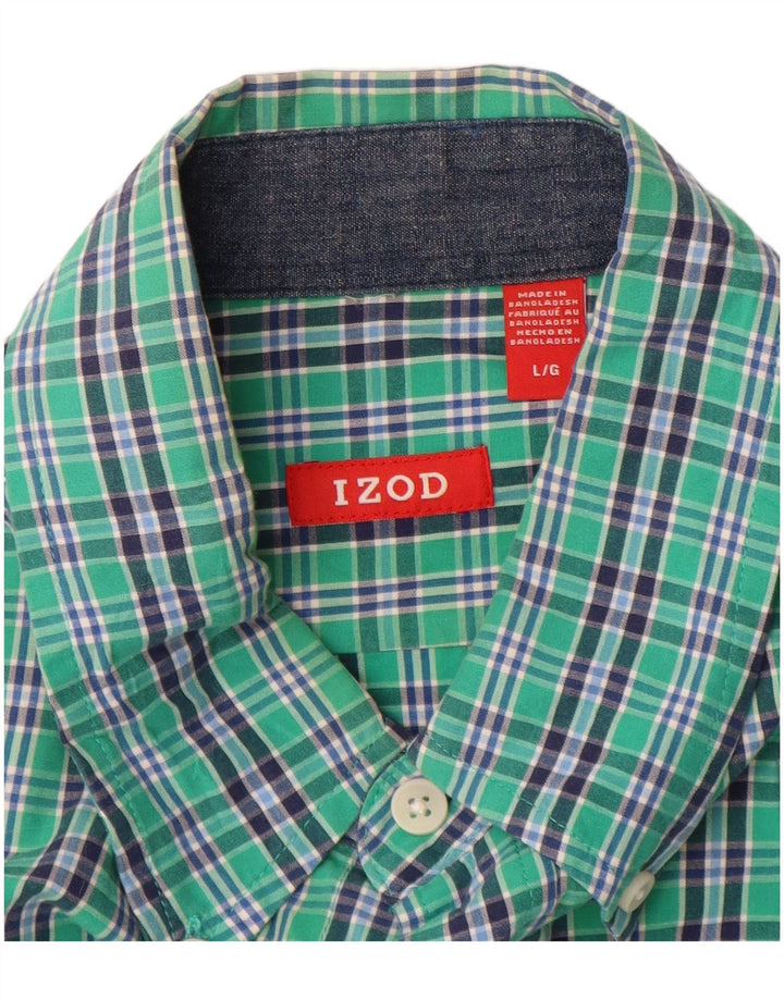 IZOD Mens Short Sleeve Shirt Large Green Check Cotton