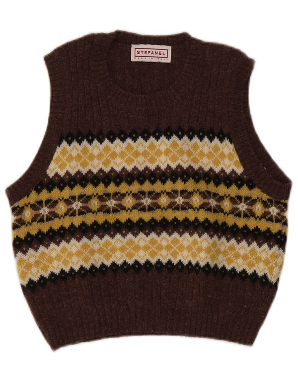 Stefanel Dame Crop Vest Tank Top UK 10 Small Brown Fair Isle Wool