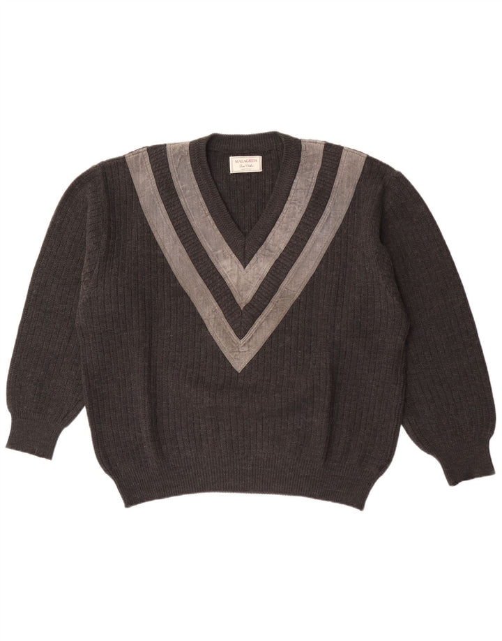 Malagrida Mens V-Neck Jumper Sweater XL Grey Striped