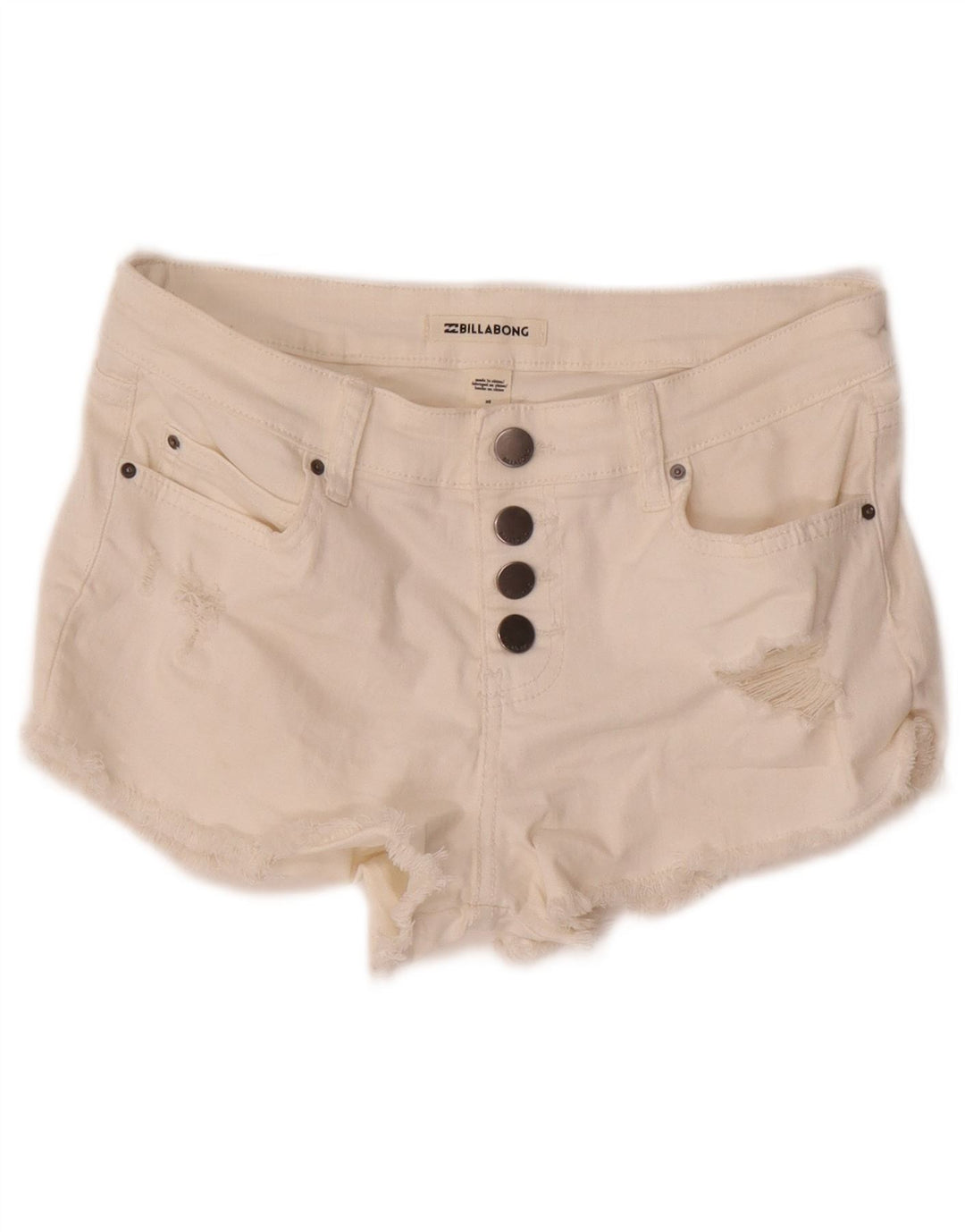 BILLABONG Womens Distressed Denim Hot Pants W26 Small Off White Cotton