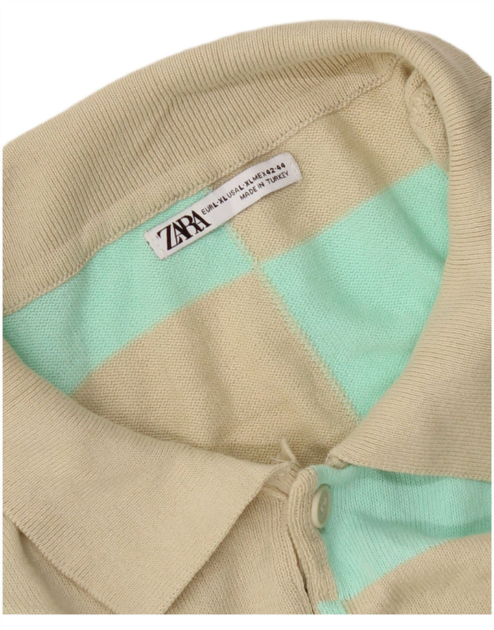 Zara Mens Polo Shirt Large Beige Geometric