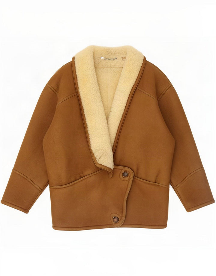 Vintage Womens Oversized Shearling Jacket UK 14 Medium Brown Colourblock