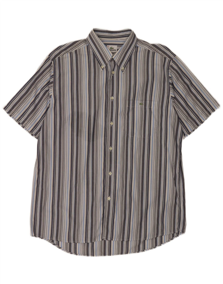 Lacoste Mens Short Sleeve Shirt Size 42 Large Grey Striped Cotton