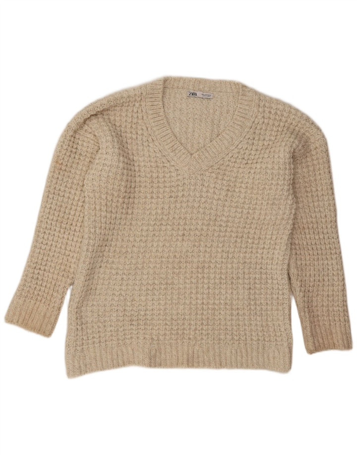 Übergroßer Pullover mit V-Ausschnitt von Zara für Damen, UK 14, mittelbeigefarbenes Acryl