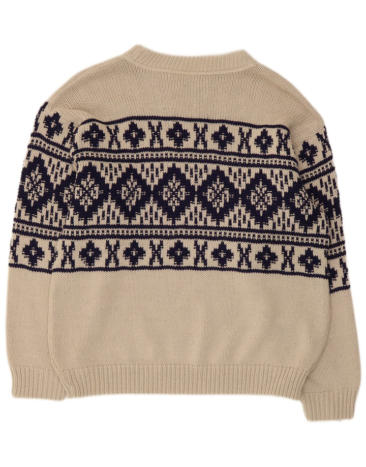Vintage Mens Boat Neck Jumper Sweater Medium Beige Fair Isle