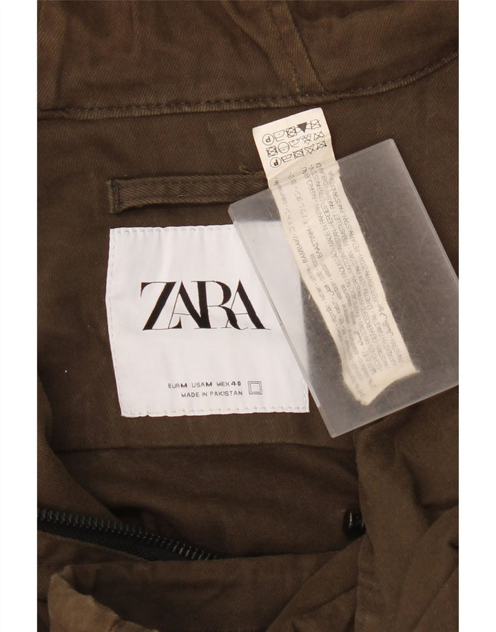 Zara Mens Hooded Bomber Jacket UK 38 Medium Khaki Cotton
