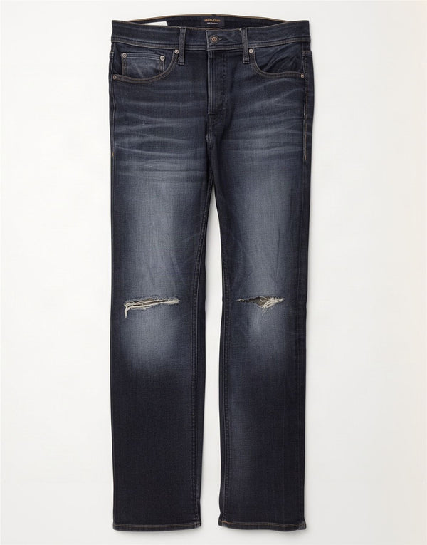 Jack & Jones Mens Tim Distressed Slim Straight Jeans W32 L32 Navy Blue