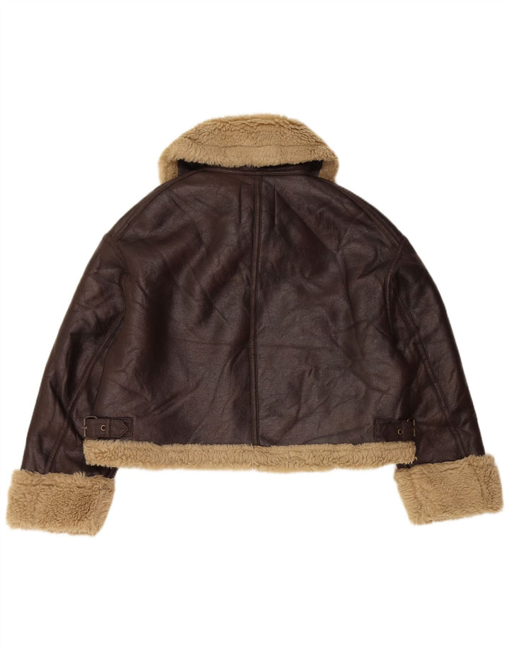 Zara Womens Oversized Faux Leather Sherpa Jacket UK 14 Medium Brown