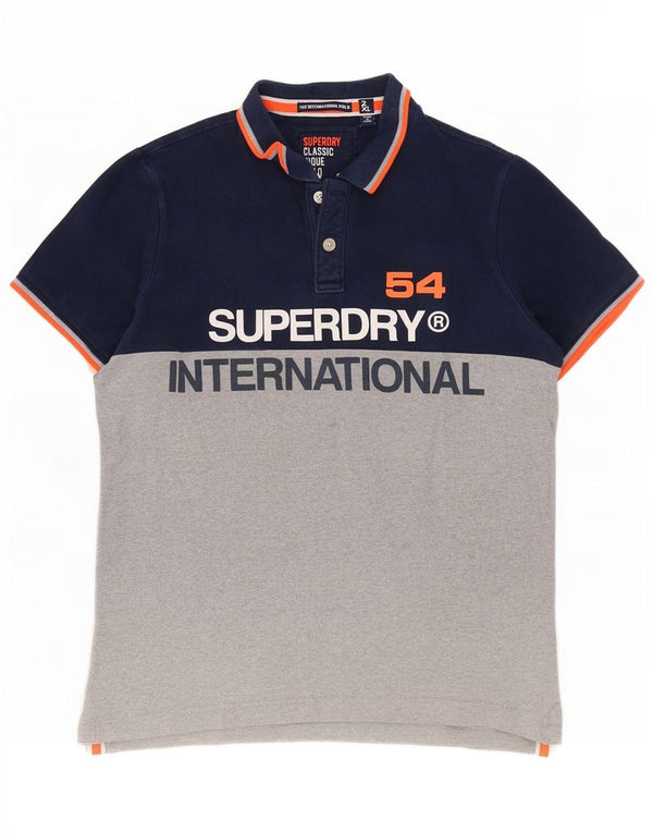 Superdry Herren-Poloshirt mit grafischer klassischer Passform, 2XL, blaue Farbblock-Baumwolle