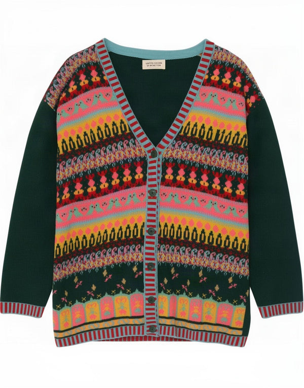 Женский свитер-кардиган оверсайз Benetton UK 10, маленький зеленый, шерсть Fair Isle