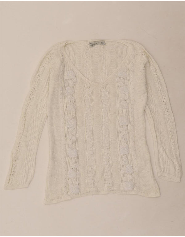 Zara Womens V-Neck Jumper Sweater UK 12 Medium Off White Floral Cotton