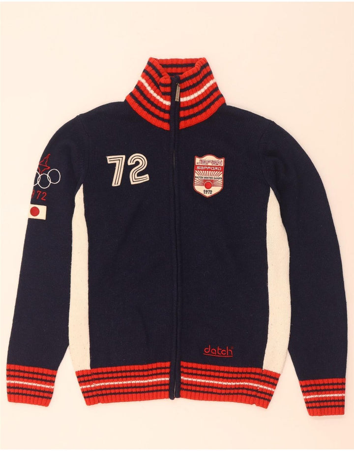 Datch Pull Cardigan Graphique pour Homme UK 14 Laine Colorblock Bleu Marine Moyen