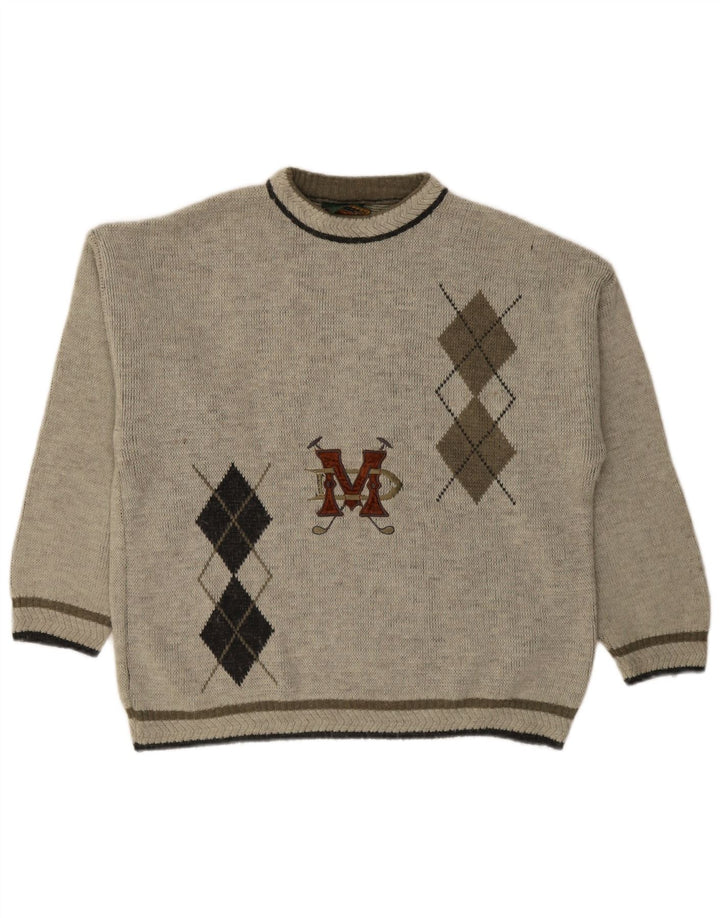 Iceland Mens Graphic Crew Neck Jumper Sweater XL Grey Argyle/Diamond Wool