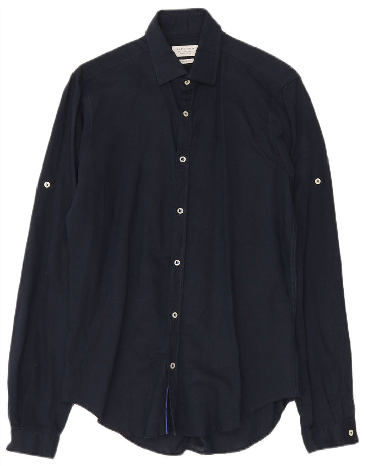 Zara Herre Slim Fit skjorte lille marineblå linned