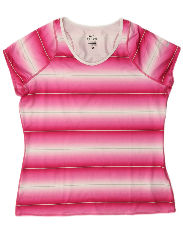 Nike Womens Dri Fit T-Shirt Top UK 18 XL Pink Striped Polyester
