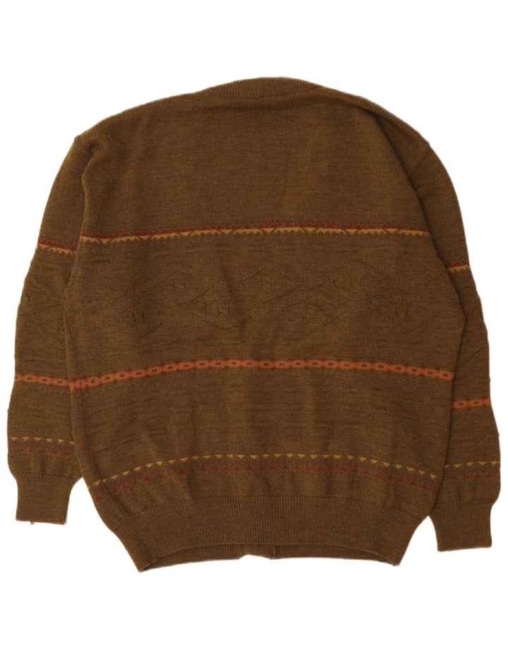 Vintage Mens Cardigan Sweater 2XL Khaki Geometric Polyacrylic