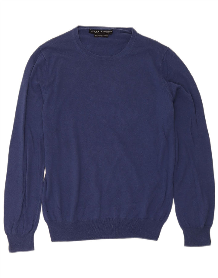 Zara Mens Crew Neck Jumper Sweater Medium Navy Blue Silk