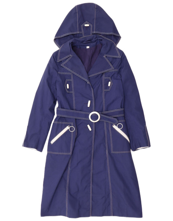 Vintage Mädchen-Trenchcoat mit Kapuze, 11–12 Jahre, marineblaues Polyester