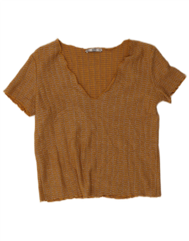 Zara Womens Crop Blouse Top UK 10 Petit Jaune Moucheté Polyester