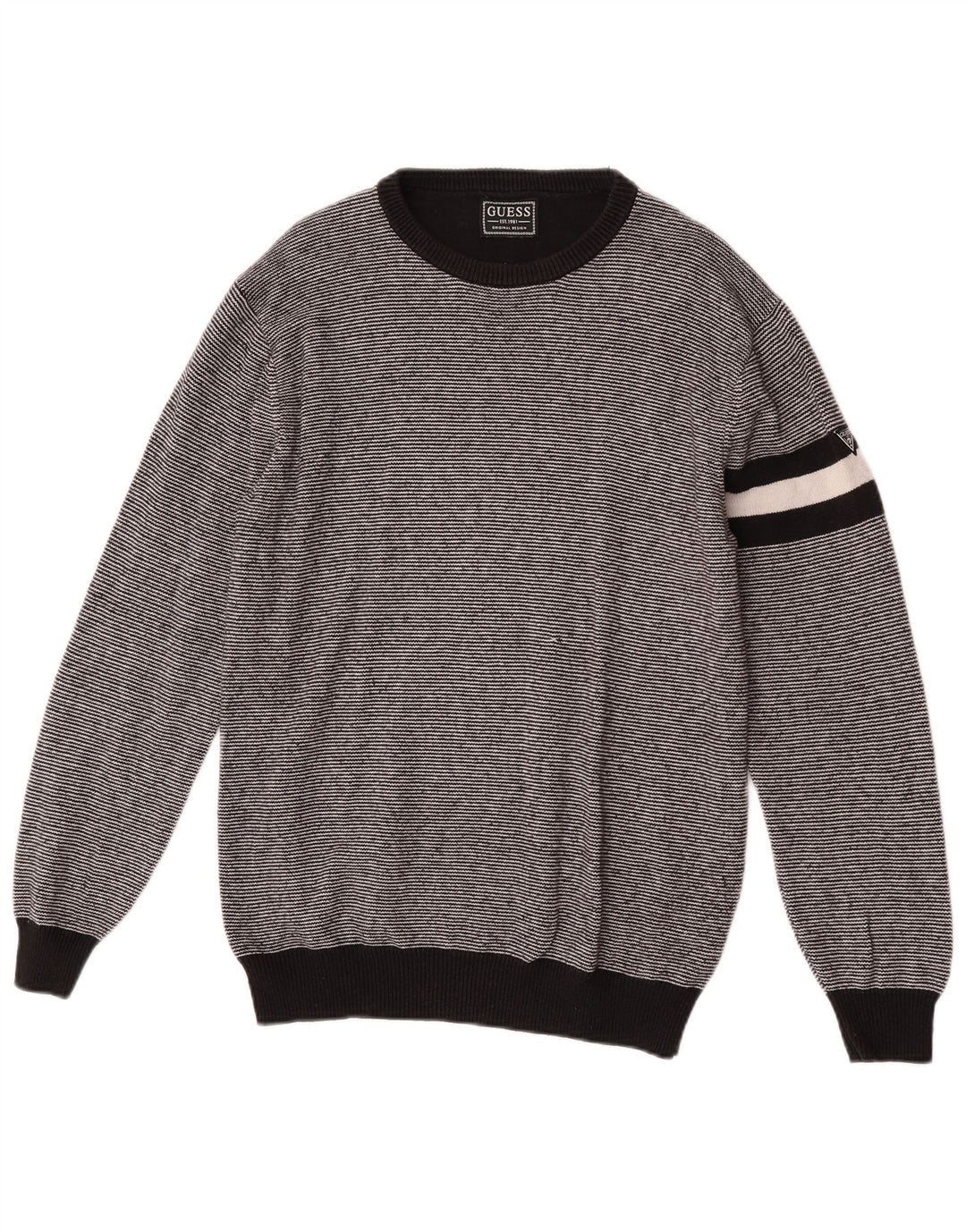 Guess Mens Crew Neck Jumper Sweater Medium Black Striped Cotton
