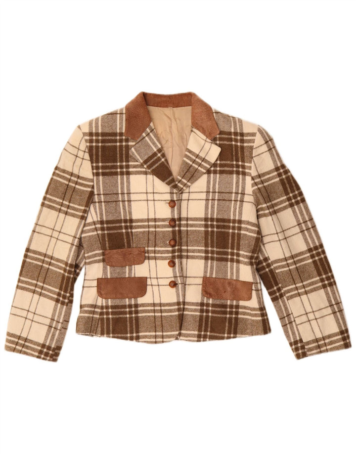 Giacca blazer vintage da donna a 5 bottoni UK 14 poliacrilico a quadri marrone medio