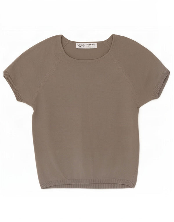 Zara Womens Crop Bluse Top UK 14 Large Grey Viscose