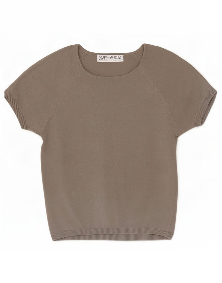 Zara Mujer Crop Blusa Top UK 44 Grande Viscosa Gris