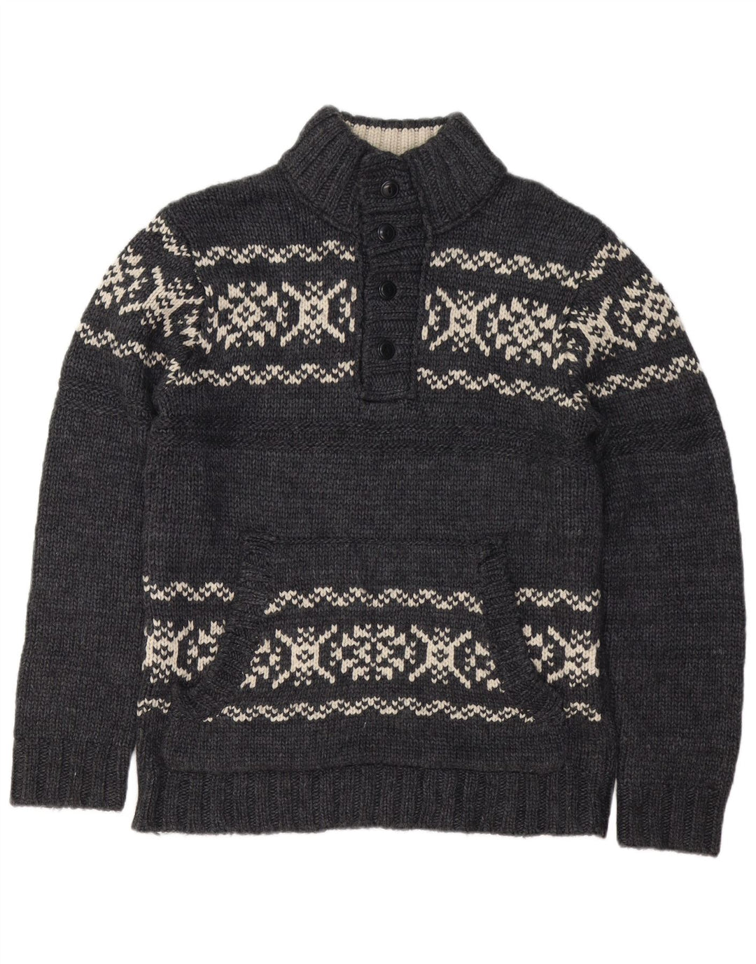 Dockers Mens Button Neck Jumper Sweater Large Grey Fair Isle Acrylic