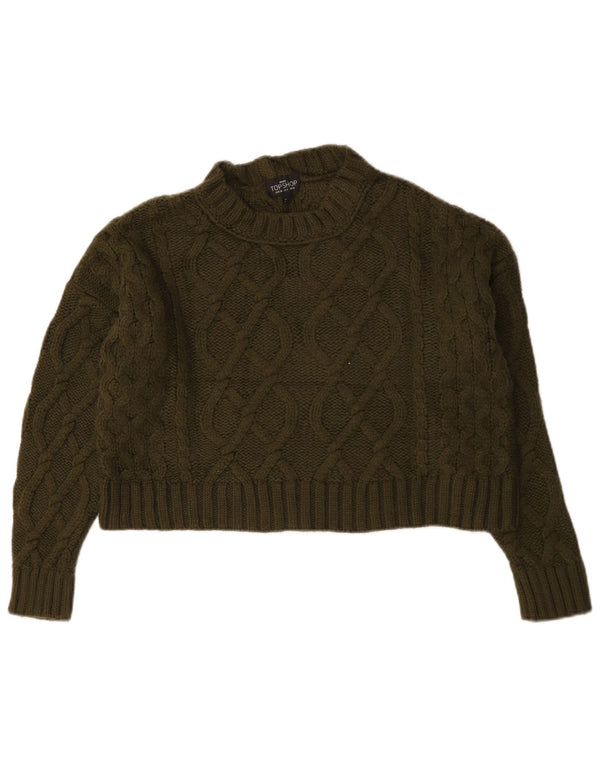 Topshop Womens Crop Oversized Crew Neck Jumper Sweater UK 8 Small Khaki